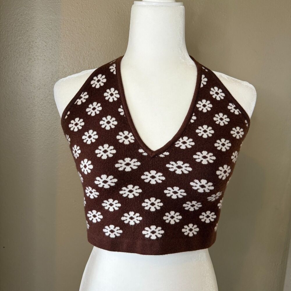 Cotton Candy LA Brown Flower Knit Cropped Halter Top Large Boho